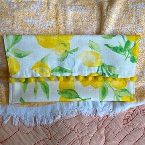 Handmade lemon print pompom trim clutch purse linen lightweight